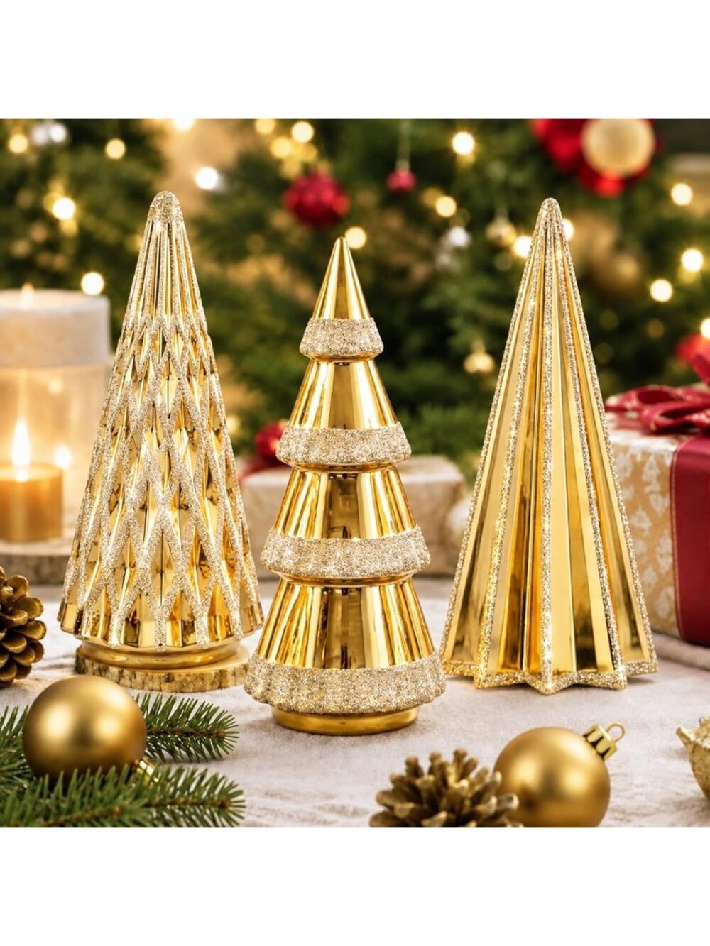 🎄3 Pcs Gold Ceramic Christmas Trees Tabletop Decor Glittered Console Accents